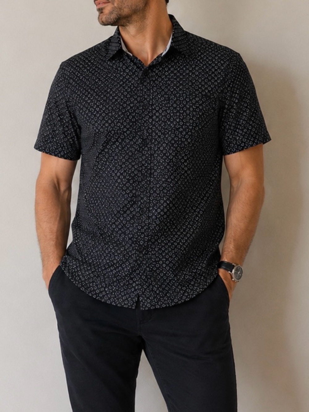 Ike Behar Black Micro Print Short Sleeve Button Up Shirt Men’s L Stretch Cotton